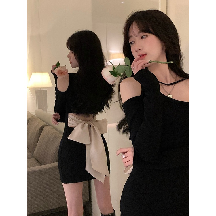 Hot girl bow dress women's 2022 close-fitting sheath skirt black chic sweet and spicy skirt OVFS