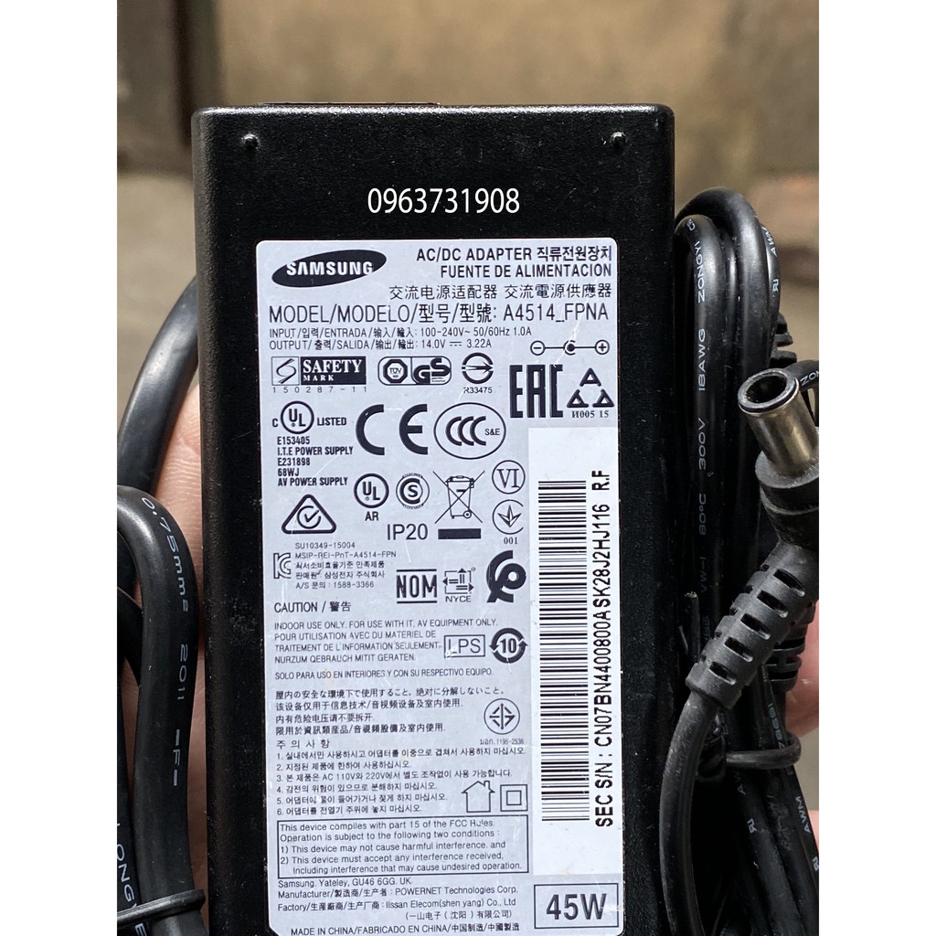 Dây nguồn samsung 14.0V-3.22A zin bóc máy