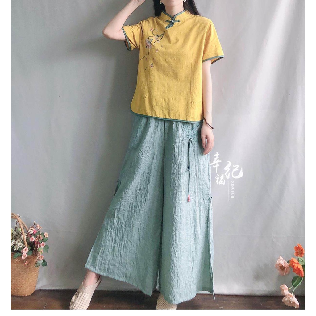 Áo Sơ Mi Cotton Lanh Cổ Đứng Cài Nút Phong Cách Retro Trung Hoa 2022