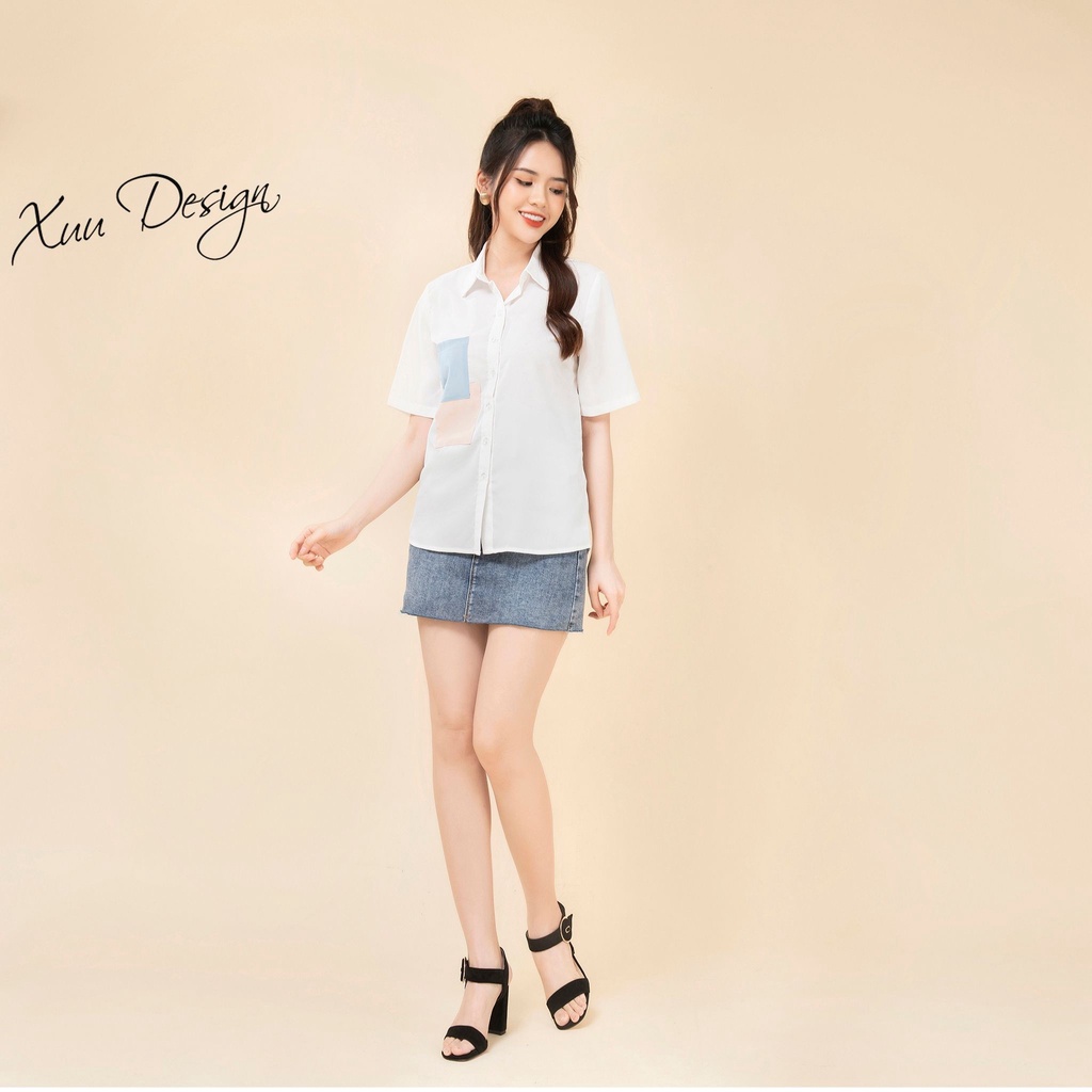 Áo sơ mi nữ kiểu tay ngắn XUU, thiết kế đơn giản phối túi ngực SK05