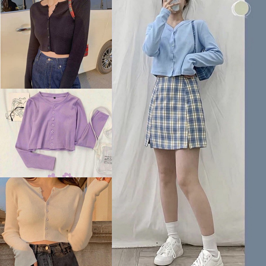 Áo croptop tay dài gài nút Basic 31, chất borip xịn sò co giãn 4 chiều, áo ulzzang trơn ôm nhẹ xinh, cổ V tim điệu