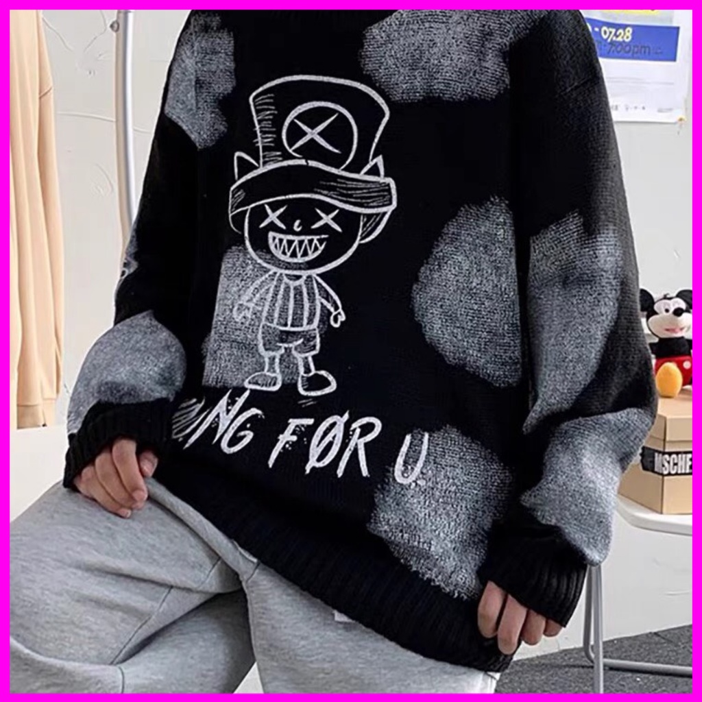 Áo len nam họa in tiết hình băng đảng mũ rơm độc đáo và thanh lích