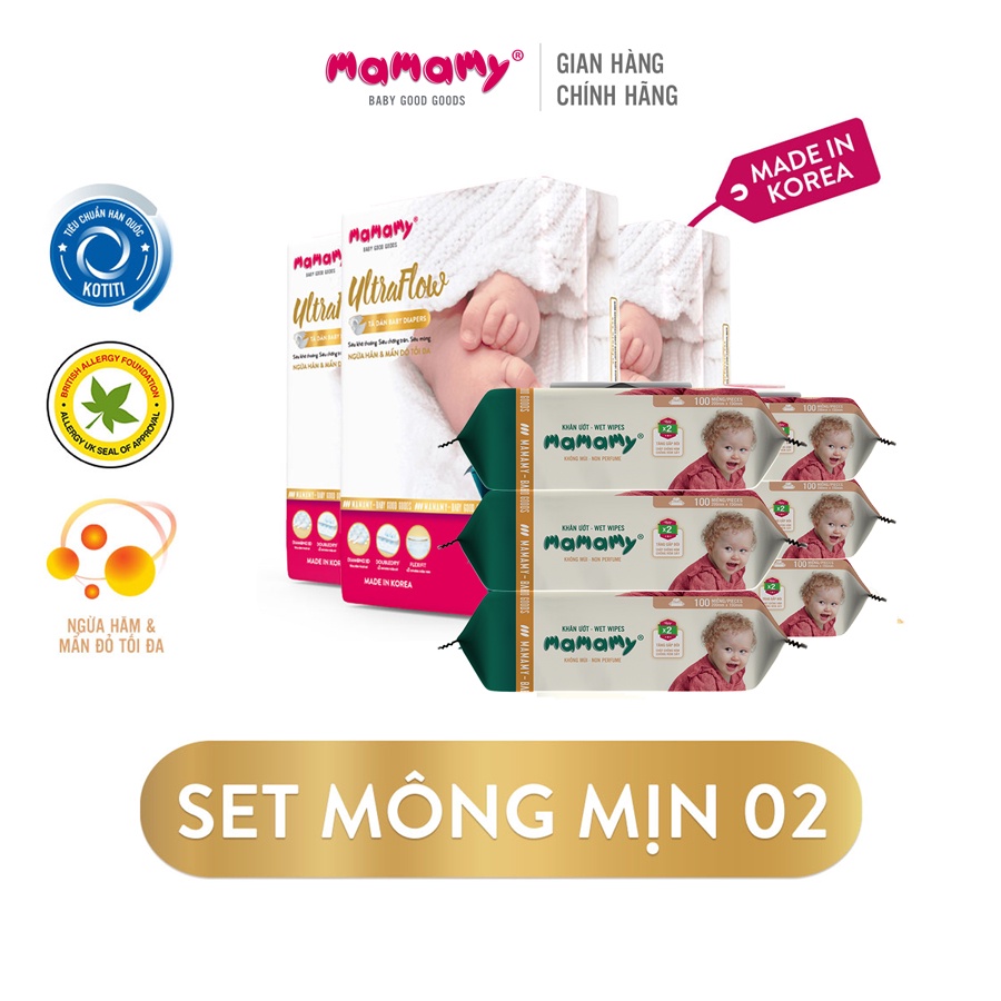 Set Mông mịn 02 Mamamy - 3 bịch tã dán và 6 gói khăn ướt 100 tờ/gói