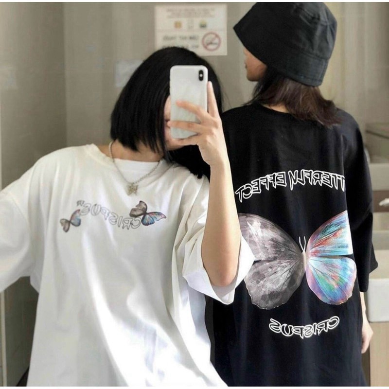 [AMANDA] Áo cotton tay lỡ Unisex in hình bướm 7 màu basic
