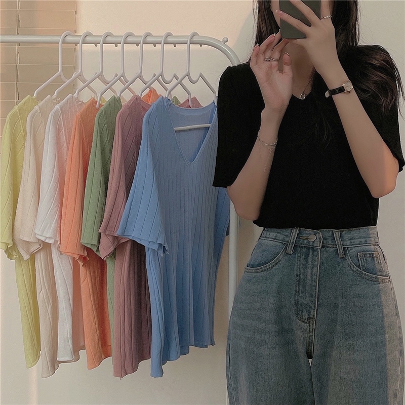 NZN Áo Thun Dệt Kim Tay Ngắn Cổ Chữ V Phong Cách Hàn Quốc Cho Nữ