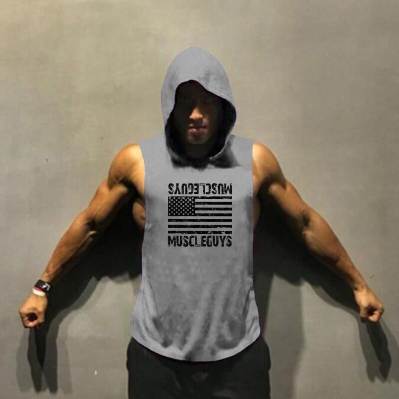 Áo Tanktop Gym Nam Có Mũ In Logo cờ Mỹ, chất thun cotton thoáng mát M052