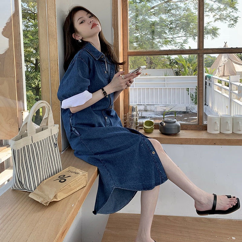 Đầm midi denim Cổ polo Dáng Rộng Đơn Giản Thời Trang Hàn Quốc