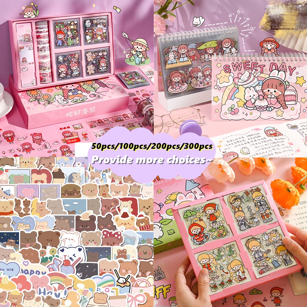 Set 50 / 100 / 300 Nhãn Dán Hoạt Hình Dễ Thương Chống Thấm Nước Trang Trí Sổ Tay / Nhật Ký DIY