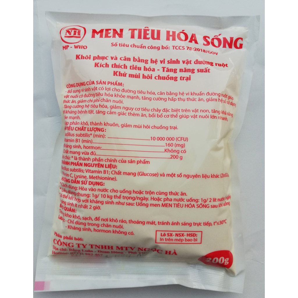 1 gói MEN TIÊU HÓA SỐNG 200g Cân bằng hệ vi sinh đường ruột, kích thích têu hóa, tăng năng suất, khử mùi hôi chuồng trại