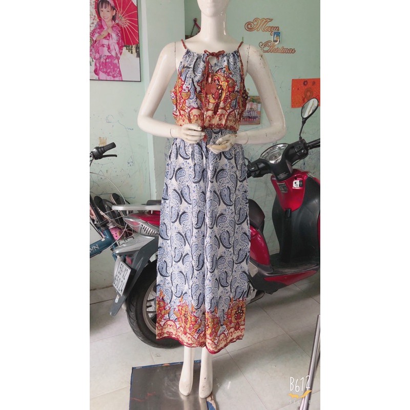 [chọn màu]Đầm maxi lanh lụa yếm cách điệu dây da xinh xắn (47-60ky) | BigBuy360 - bigbuy360.vn
