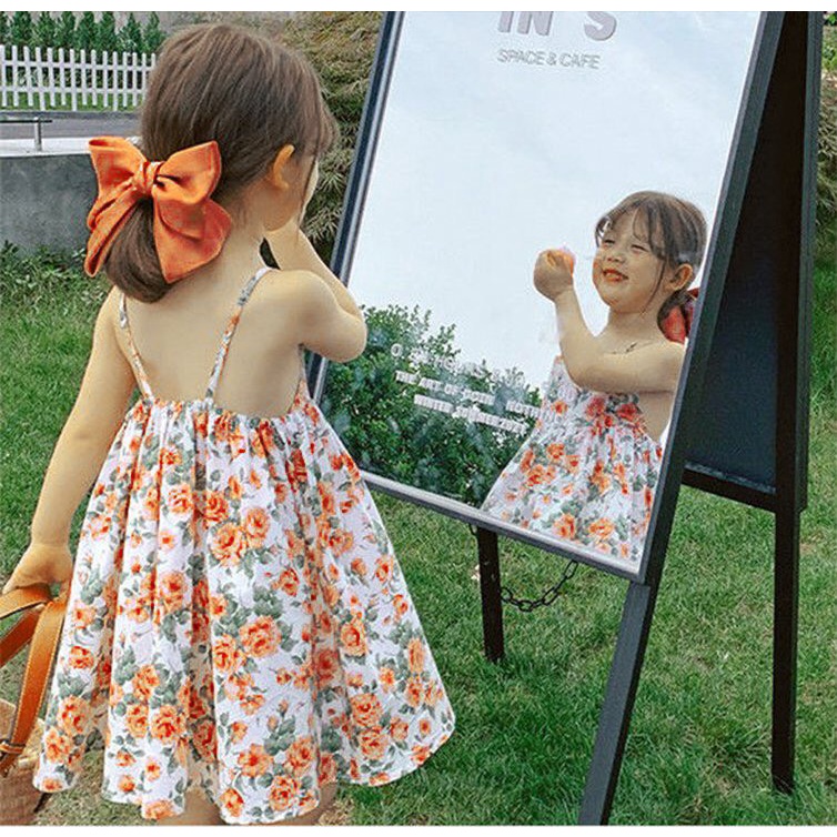 Váy 2 dây hoa hồng siêu mát cho bé mùa hè
