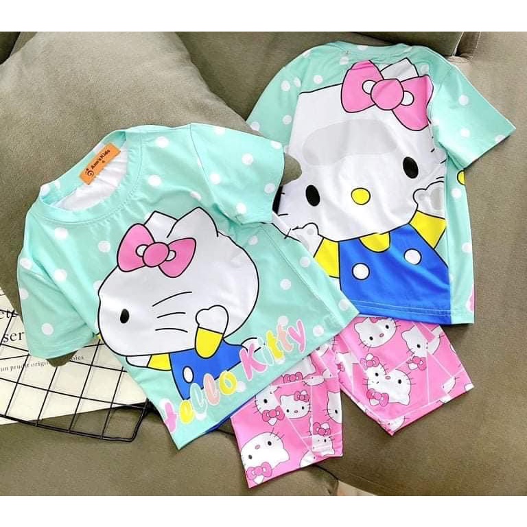 Bộ cộc tay bé gái 3D Hình Hello Kitty- Đồ bộ bé gái 8-18 kg chất thun lạnh co dãn 4 chiều