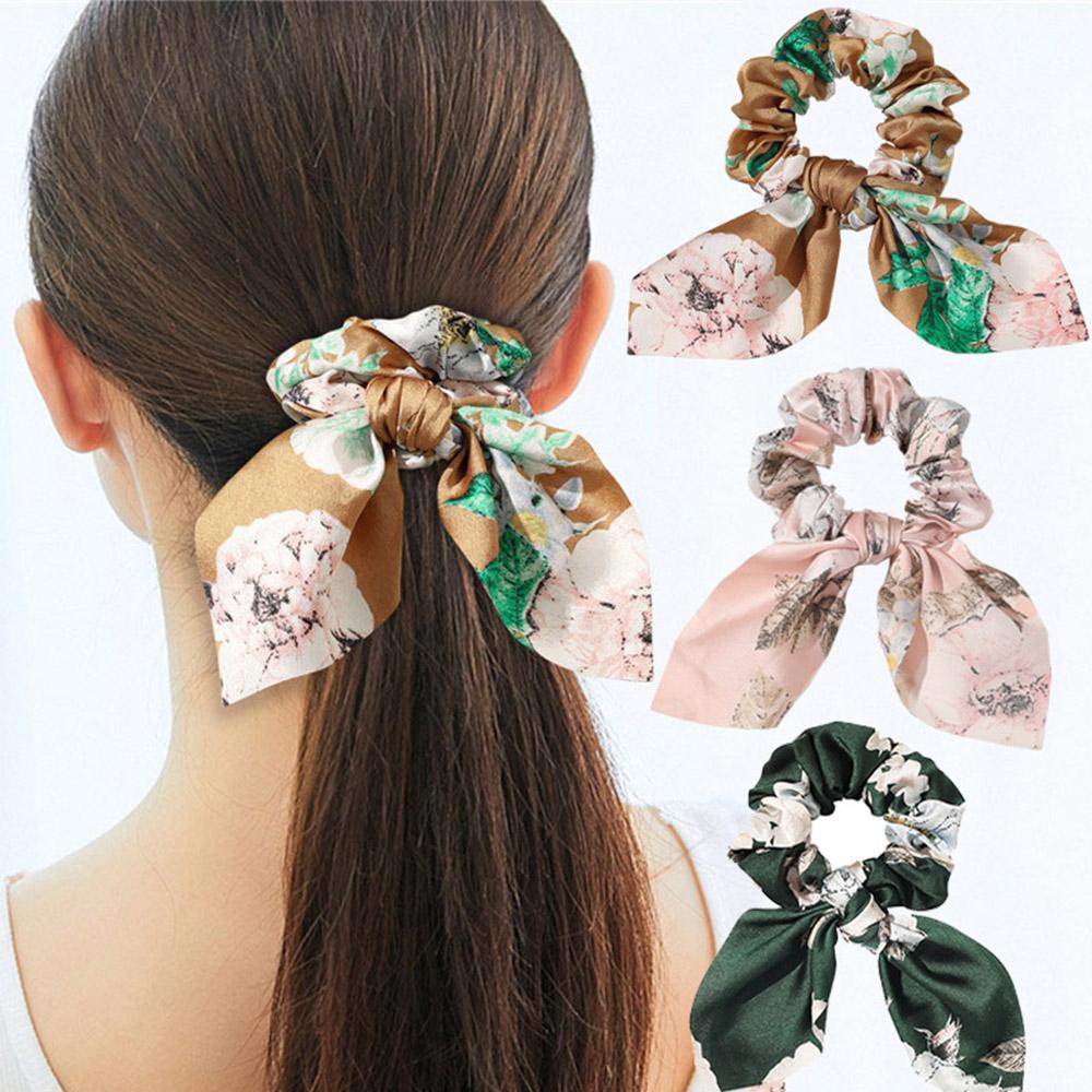 Dây Cột Tóc Co Giãn In Họa Tiết Hoa / Tai Thỏ Ruy Băng Cho Nữ