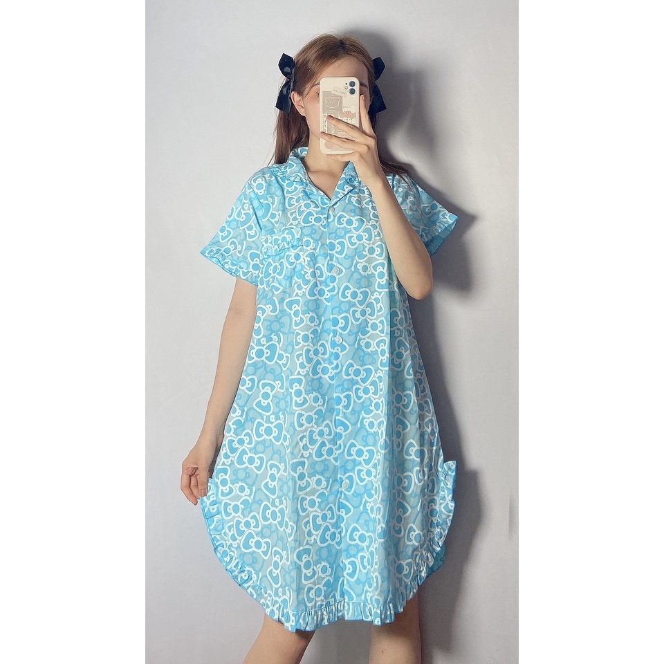 Đầm Ngủ Thái Tay Ngắn Viền Bèo Hoạ Tiết Hình Nơ mèo Hoạt Hình mẫu 112 | BigBuy360 - bigbuy360.vn