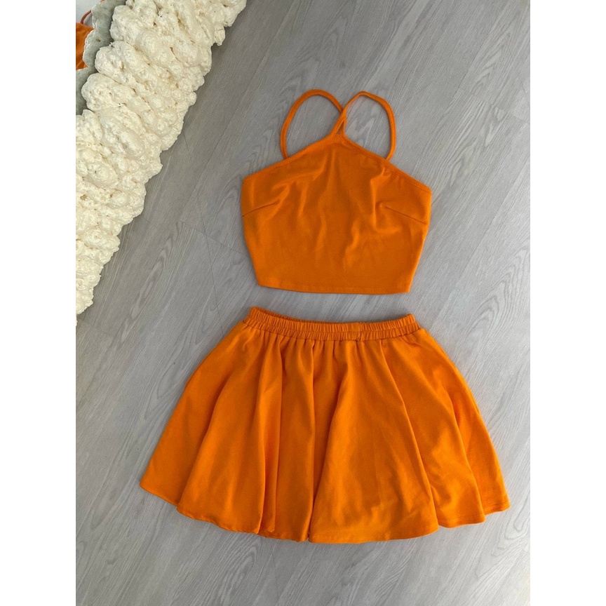 SET THUN ÁO YẾM+ CHÂN VÁY XÒE 3 MÀU XANH CAM VÀNG