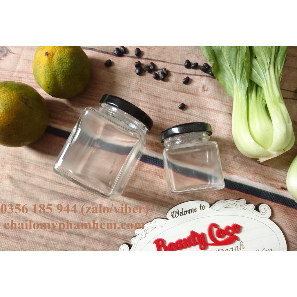 Hũ thủy tinh vuông nắp đen đựng thực phẩm 50ml