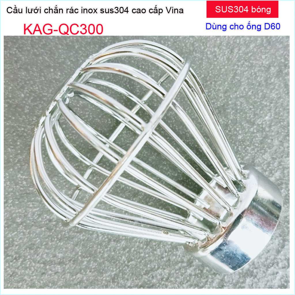 Cầu chắn rác sân thượng KAG-QC300  (ống D60), Cầu chặn rác Inox 304 đế thấp thả ống D60 lưới lọc rác thoát nước mưa