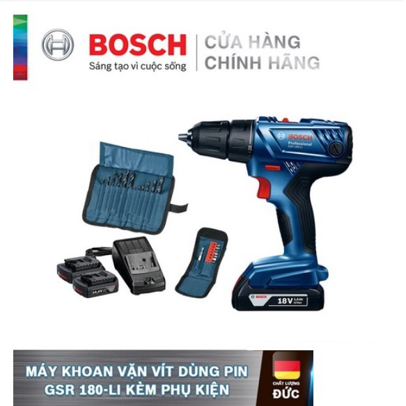 Máy khoan vặn vít dùng pin Bosch GSR 180-LI + phụ kiện