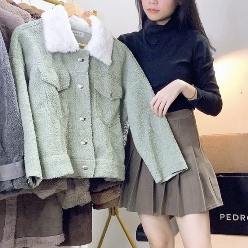 Áo Khoác Da Lộn Lông Cừu Xanh Mint - Cổ Lông