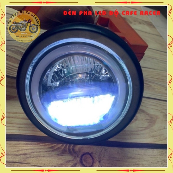 Đèn pha led cao cấp , đèn led pha độ xe máy CAFE RACER gáo sắt sơn đen mặt kính trong suốt