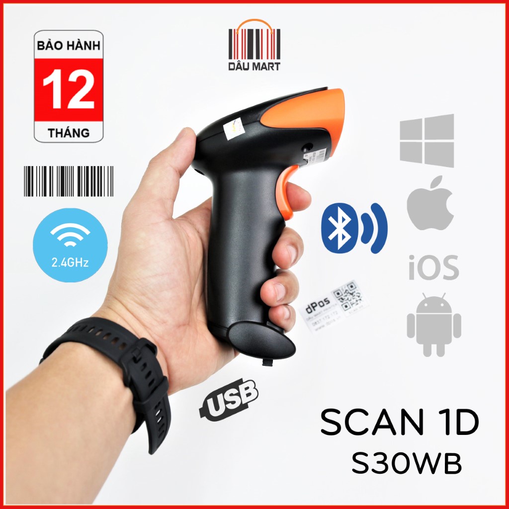 Máy quét mã vạch không dây Bluetooth dPos S30WB Scan mã vạch Barcode 1D dành cho shop bán hàng quản lý xuất nhập kho