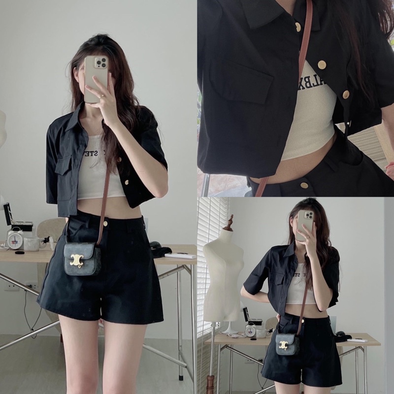 Set 3 Món Kaki (loại 1) Áo Khoác Tay Ngắn Kèm Áo Dây ALBX Mix Quần Short