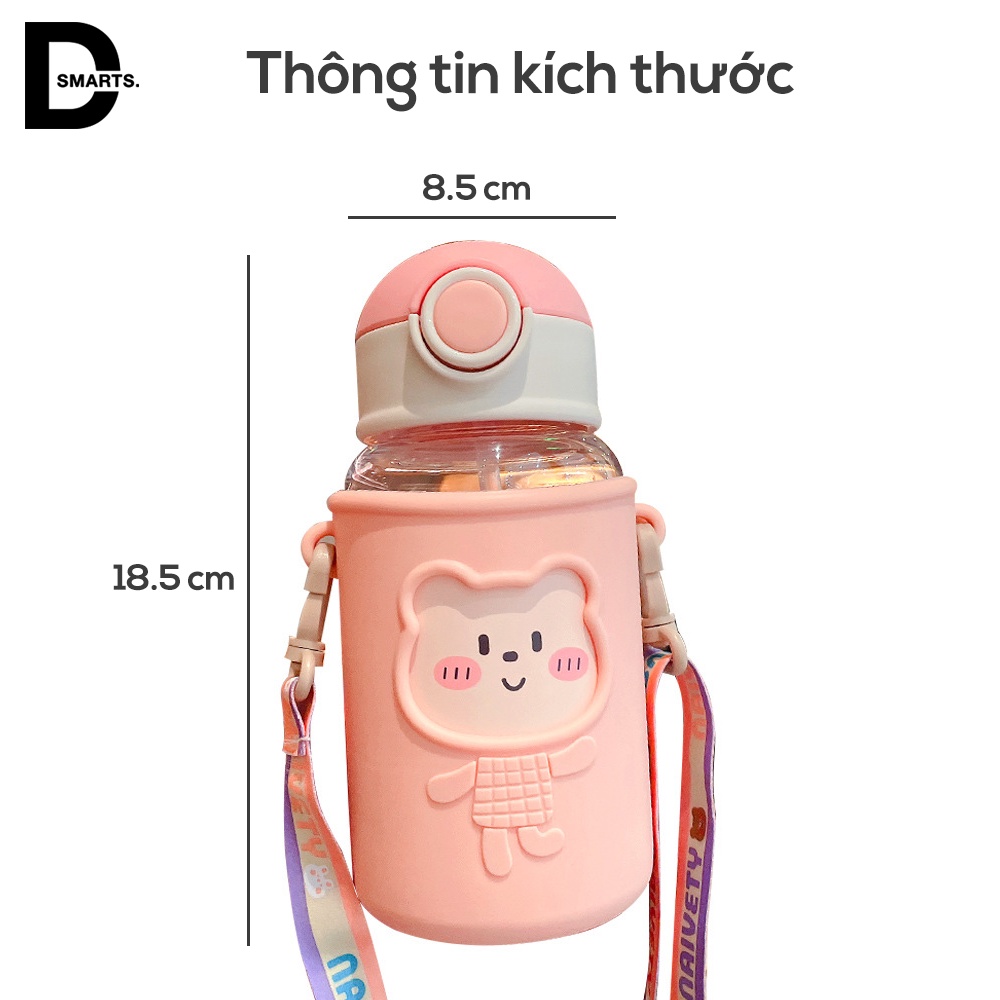 Bình nước cute, bình nước cho bé có quai đeo nắp bật ống hút mềm mại dung tích 620ml - Tặng kèm sticker cực cute