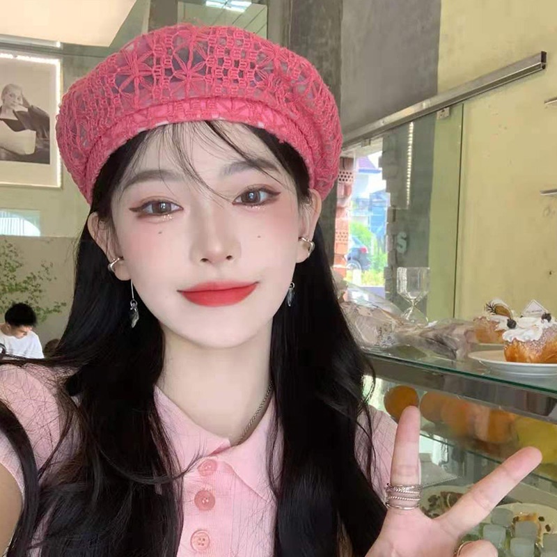 Nón beret phối ren màu trơn thoáng khí thời trang Hàn Quốc cho nữ