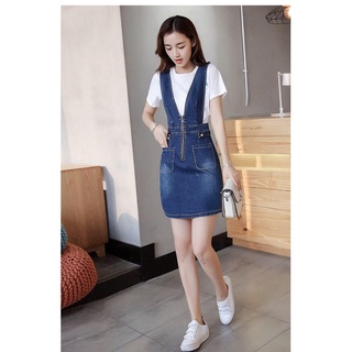 Váy yếm jean ngắn phối kéo