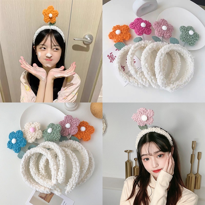 Băng Đô Cài Tóc Rửa Mặt Bằng Vải Lông Cừu Đính Hoa Nhỏ Dễ Thương Phong Cách Hàn Quốc Cho Nữ