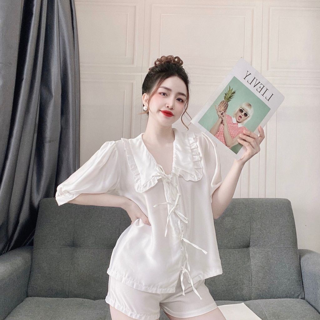 Đồ Bộ Tiểu Thư Mặc Nhà Chất Vải Satin Lụa Cao Cấp Cột Dây Nút - DOMIN | BigBuy360 - bigbuy360.vn