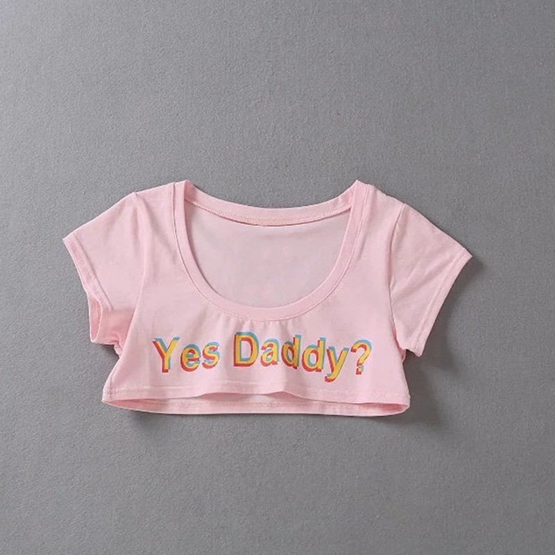 [springeven] Áo Crop Top Chạy Bộ Ngắn Tay In Chữ Yes Daddy Cho Nữ