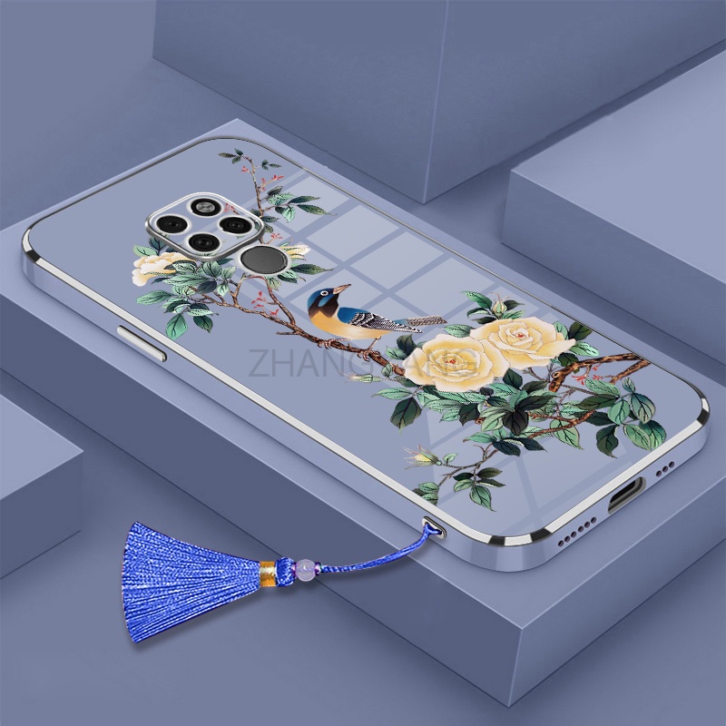 Ốp Điện Thoại Silicon Mềm Mạ Điện Họa Tiết Hoa Và Chim Kèm Dây Đeo Cho Redmi note 9 note 9s note 9 pro