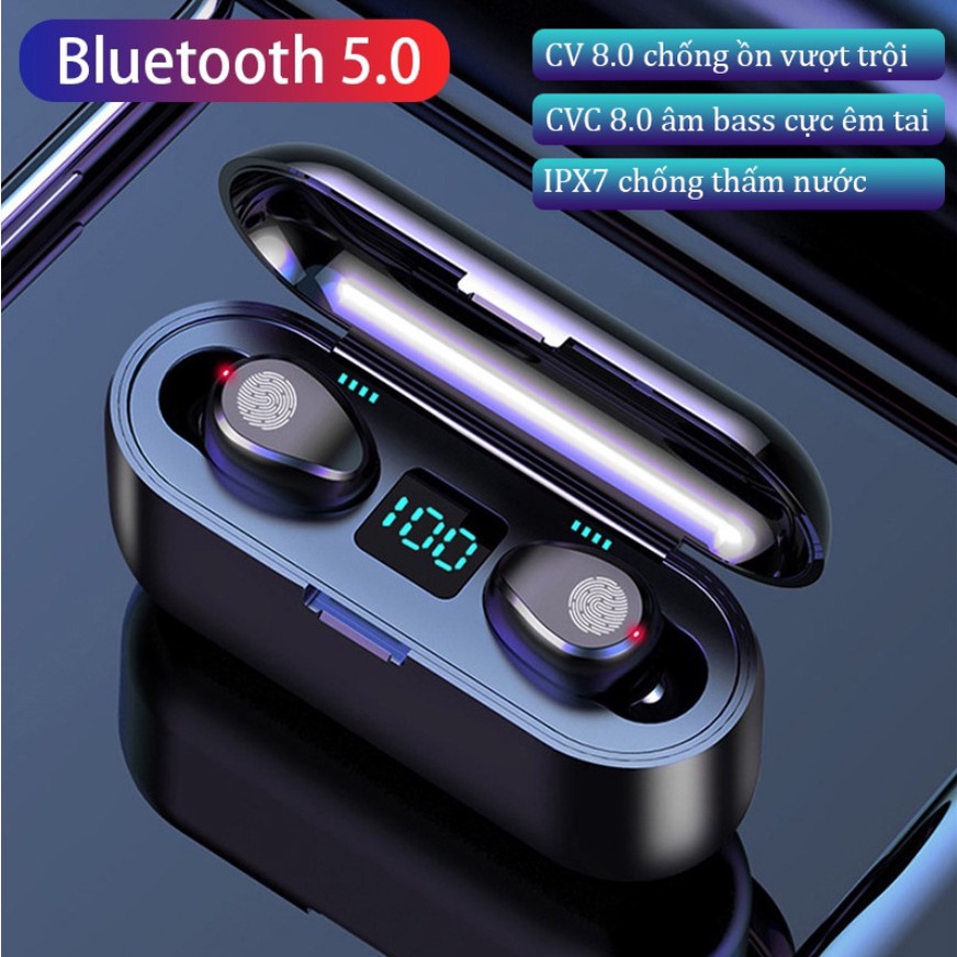 Tai nghe Bluetooth F9 TWS 5.0 bản QUỐC TẾ không dây cảm ứng chống nước, chống ồn tích hợp sạc dự phòng 2500mAh -FreeShip