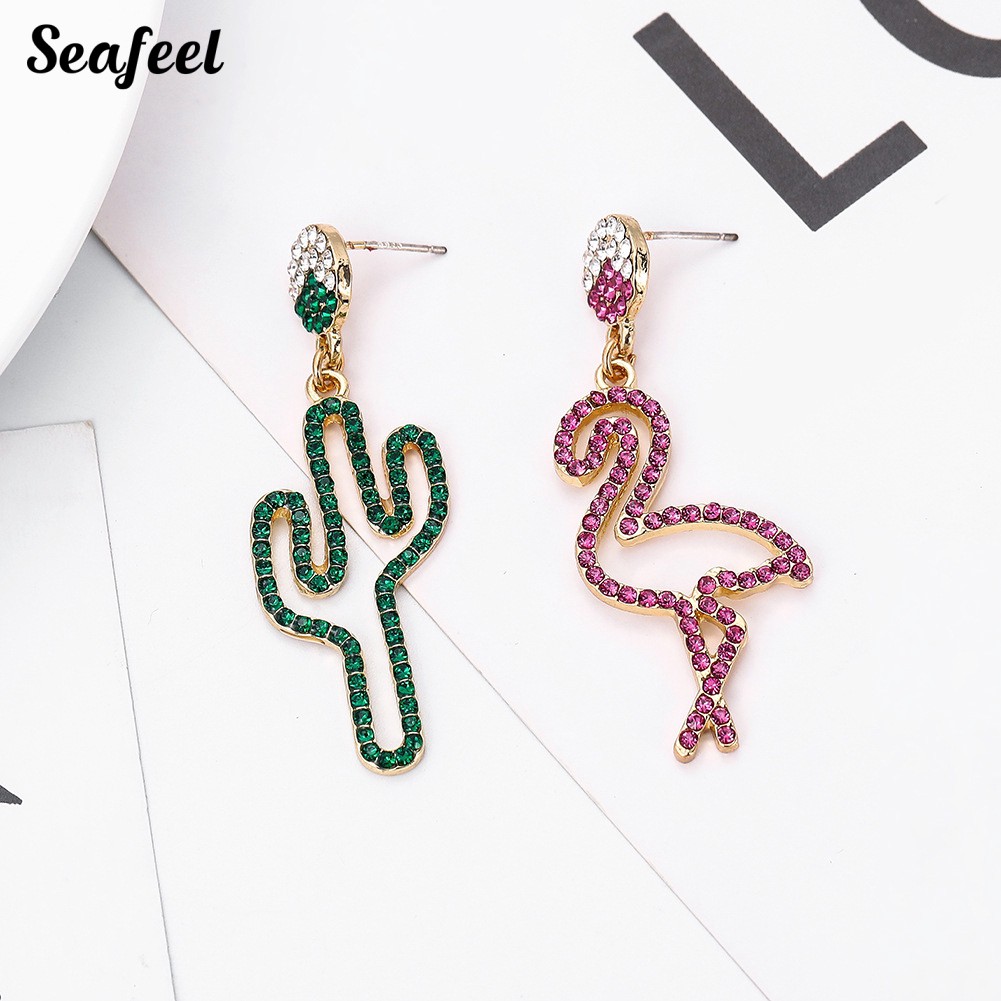 SF Hollow Rhinestone Cactus Flamingo Dangle Asymmetric Stud Earrings Jewelry