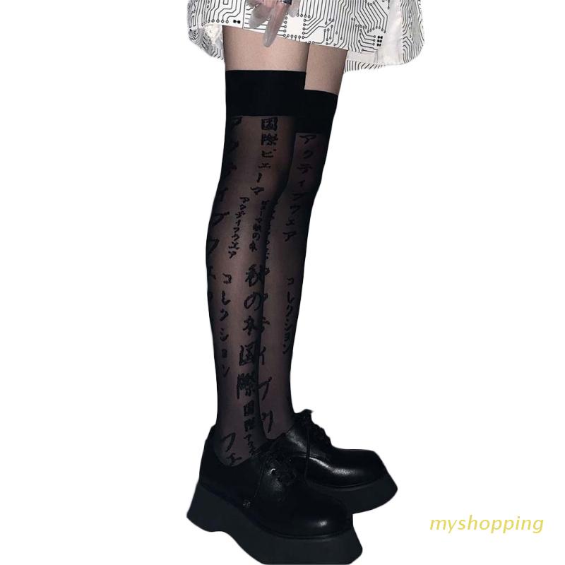 Đôi vớ cổ cao tới đùi màu đen in họa tiết chữ cái phong cách Nhật Bản harajuku punk lolita thời trang dành cho nữ