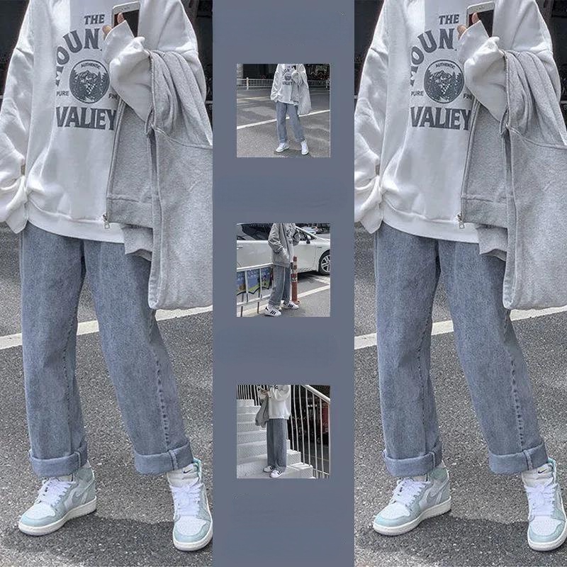 Set Áo Hoodie Form Rộng Và Quần Jeans Ống Đứng Phong Cách Hàn Quốc Cho Nữ