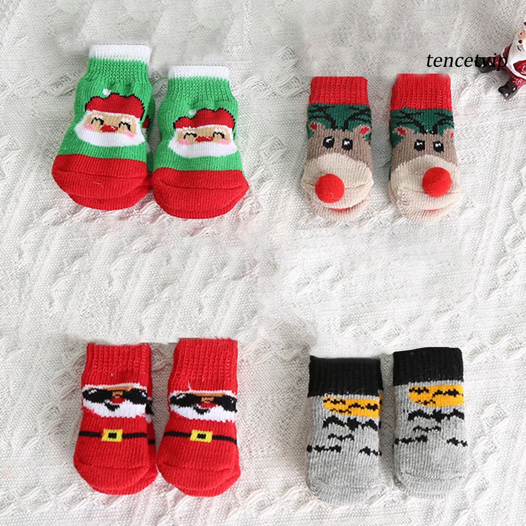 Bộ 4 Vớ Ngắn Co Giãn Tốt Chống Trầy In Họa Tiết Ông Già Noel Giáng Sinh Cho Thú Cưng