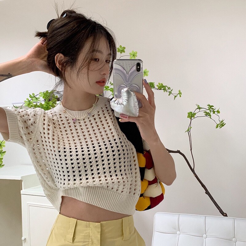 Áo len mongtogi lưới bo gấu, cổ tròn, croptop