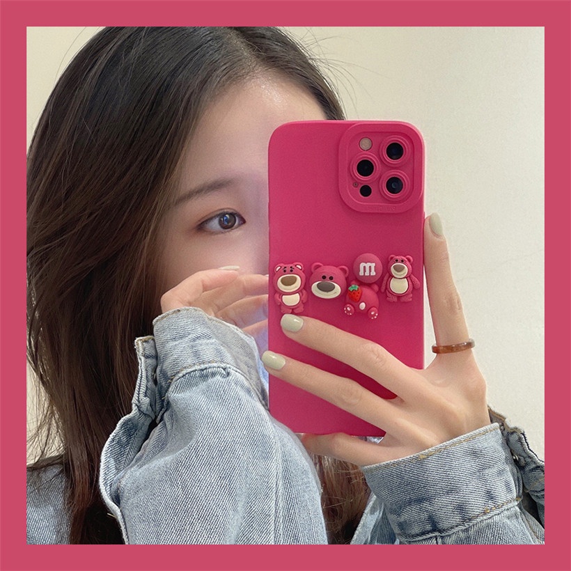 Ốp Điện Thoại Tpu Dẻo In Hình Gấu Hồng Đỏ Dâu Đáng Yêu Cho iphone 15 pro max 14 13 12 pro max 11 pro max 7 8 plus