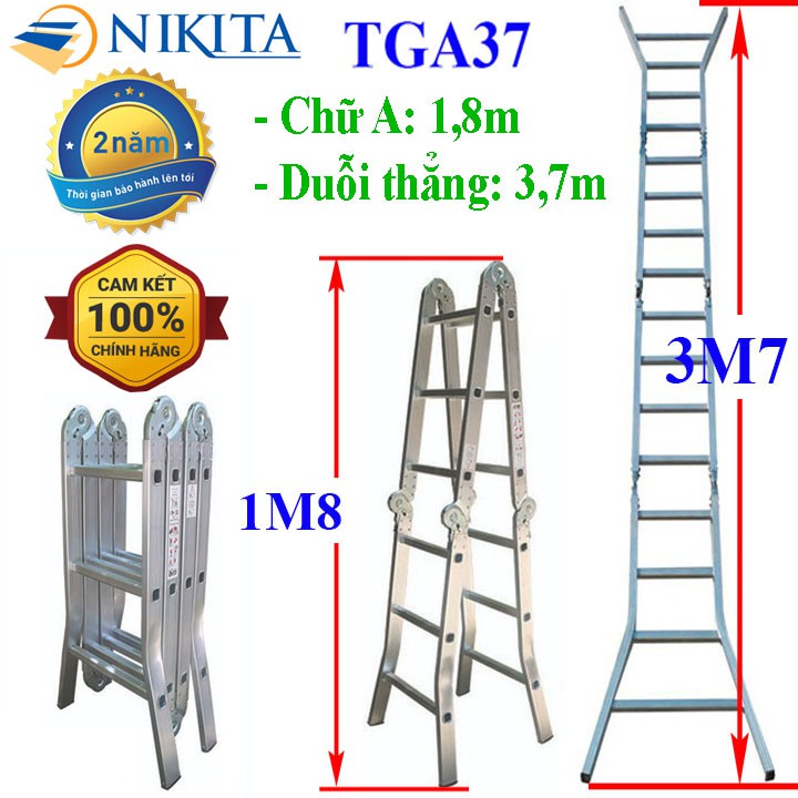 Thang nhôm gấp 4 đoạn - Chữ A 1,8m duỗi thẳng 3,7m - Nikita TGA37