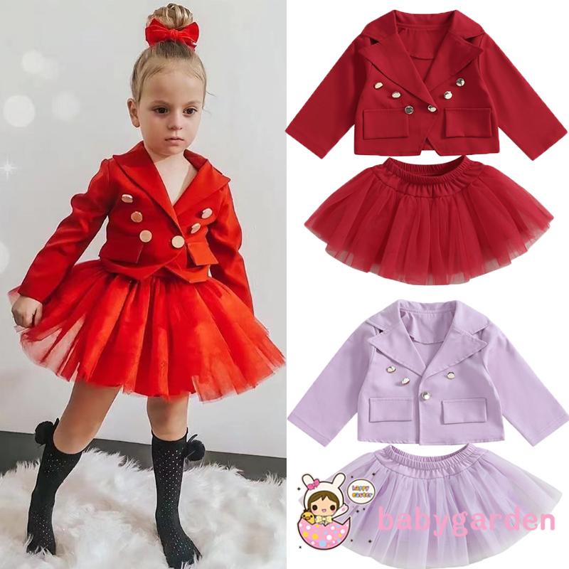 Set Áo Khoác Tay Dài Màu Trơn + Chân Váy Tulle Cho Bé Gái 1-7 Tuổi