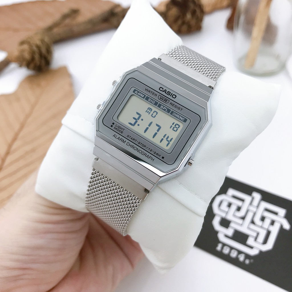 Đồng hồ nam/nữ Casio A700 Series, dây thép không gỉ, chống nước 50m, size 35.5mm, hàng chính hãng