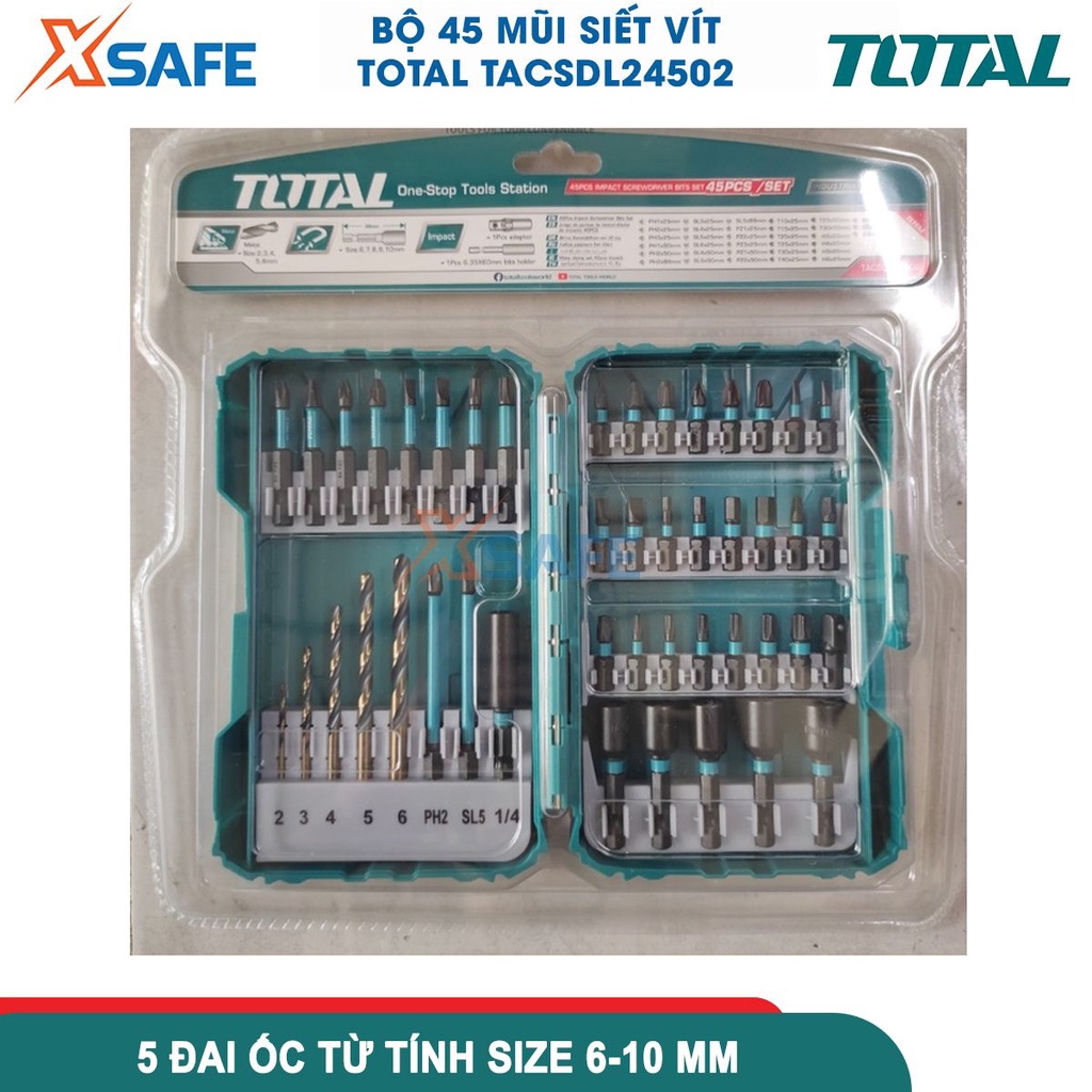 Bộ 45 mũi siết vít TOTAL TACSDL24502 gồm đầu vít, đầu chuyển đổi, mũi khoan HSS và đai ốc từ tính - chính hãng