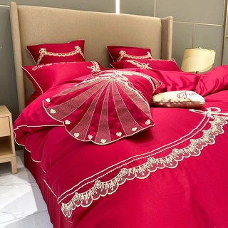 Bộ chăn ga gối cao cấp cotton lụa cưới ren đỏ