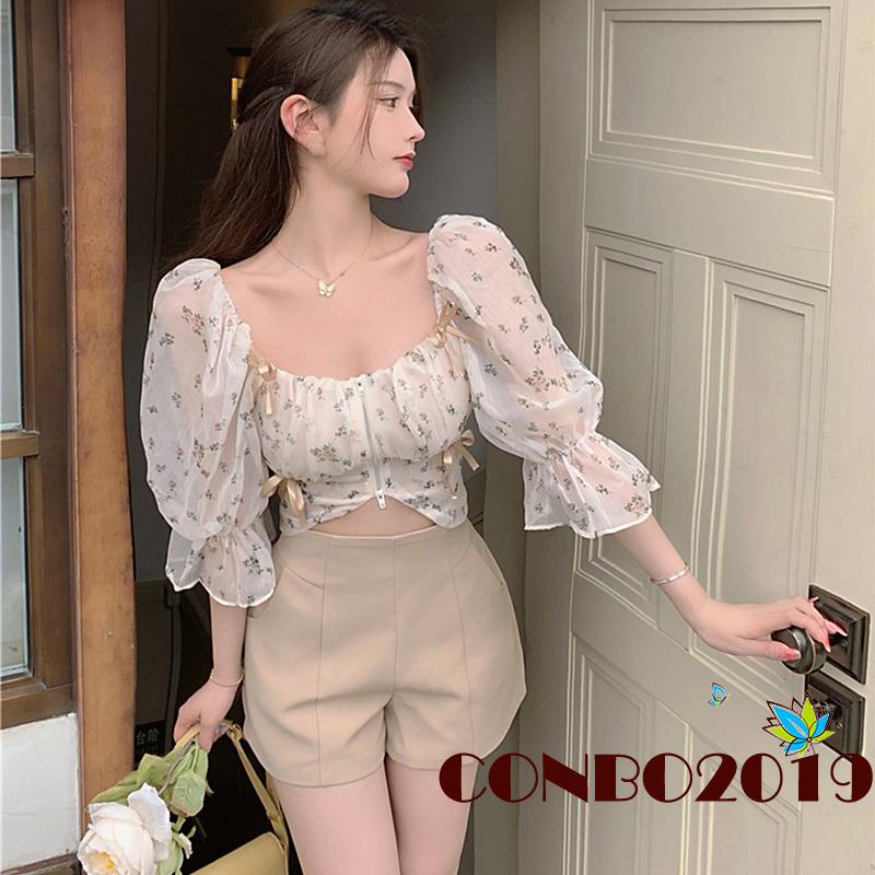 Áo croptop cổ vuông tay phồng in họa tiết hoa phối khóa kéo thời trang xuân hè cho nữ