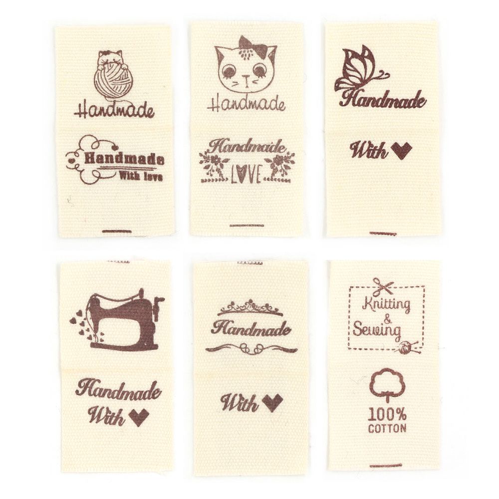 Bộ 50 thẻ tag nhãn bằng vải họa tiết Handmade With Love mèo hoạt hình trái tim may quần áo đồ dệt kim DIY thủ công