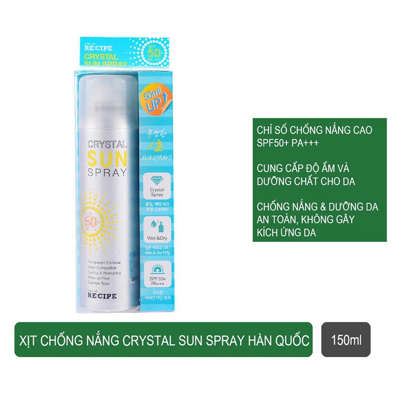 [HSD 2023] Xịt chống nắng Hàn Quốc [ RECIPE CRYSTAL SUN SPRAY SPF 50 + PA+++ ] 150ml