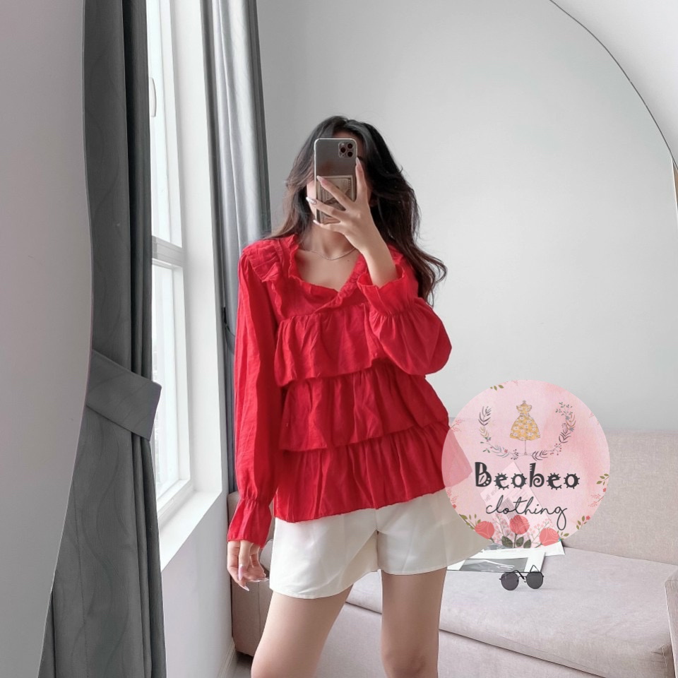 Set áo babydoll bèo tầng đỏ kèm quần short dễ thương