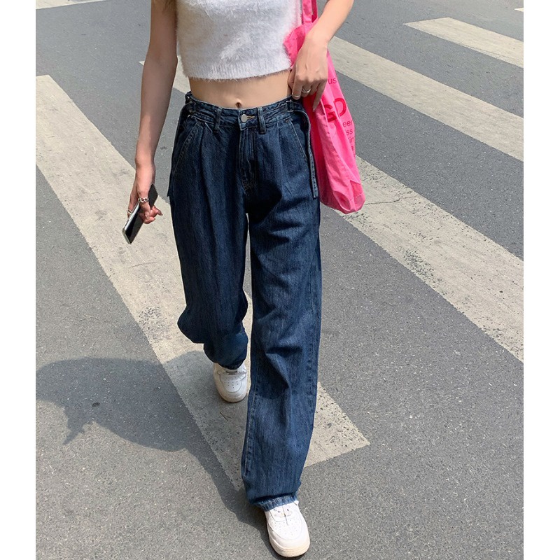 SUXI Quần jean ống rộng lưng cao phong cách Hàn Quốc thời trang mùa hè dành cho nữ